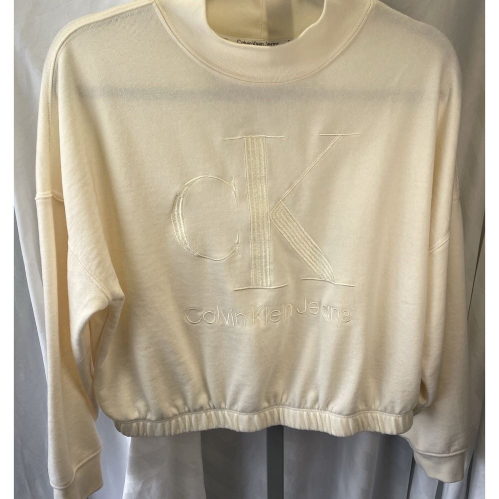 Calvin Klein Performance Cream Ivory Embroidered‎ Cropped Sweatshirt Size XL